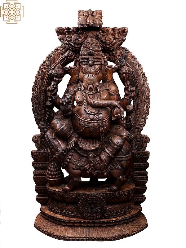 72" Large Wooden Four Hands Lord Ganesha Seated on Rat
