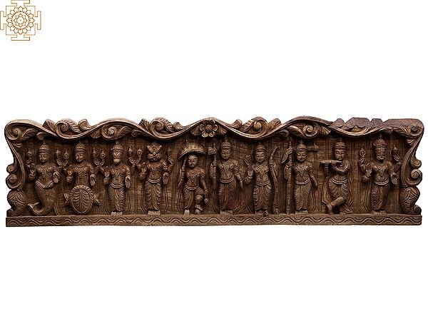48" Large Wooden Dashavatara of Lord Vishnu Wall Panel