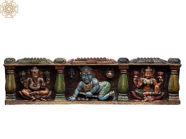 46" Large Wooden Bal Gopal with Ganesha Lakshmi Wall Panel