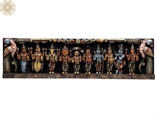 36" Large Wooden Colorful Ten Incarnations of Lord Vishnu (Dashavatara) Wall PanelLord Vishnu