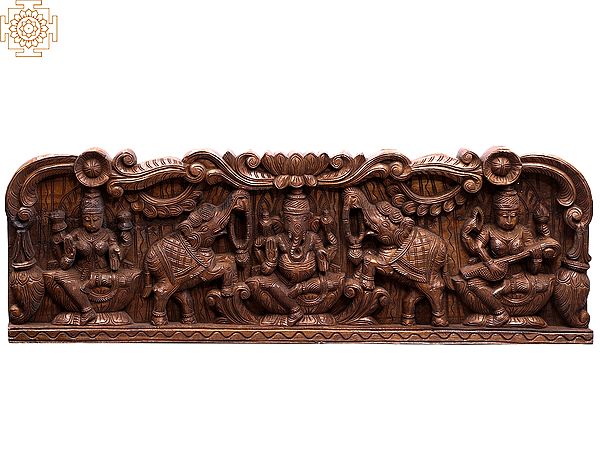38" Large Wooden Lakshmi, Gaja Ganesha & Devi Saraswati Panel