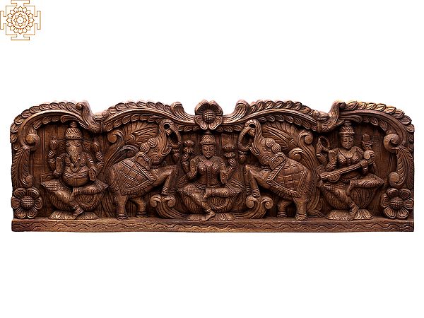36" Large Wooden Gaja Lakshmi with Ganesha and Saraswati Wall Panel