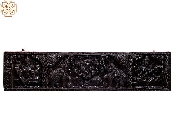 62" Large Wooden Gaja Ganesha, Lakshmi, and Saraswati Wall Panel