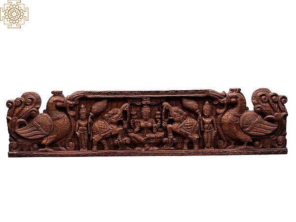 48" Goddess Gaja Lakshmi Seated on Lotus - Large Wooden Wall Panel