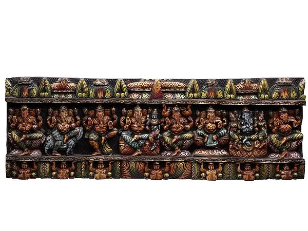 45" Large Wooden Ashta Ganapati Panel