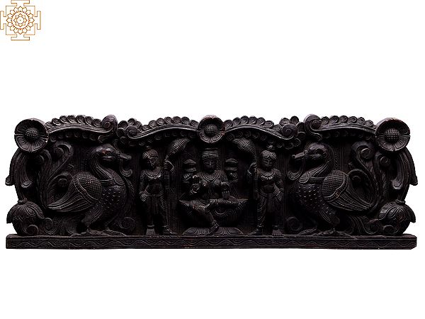 36" Large Wooden Goddess Lakshmi Seated on Lotus Wall Panel