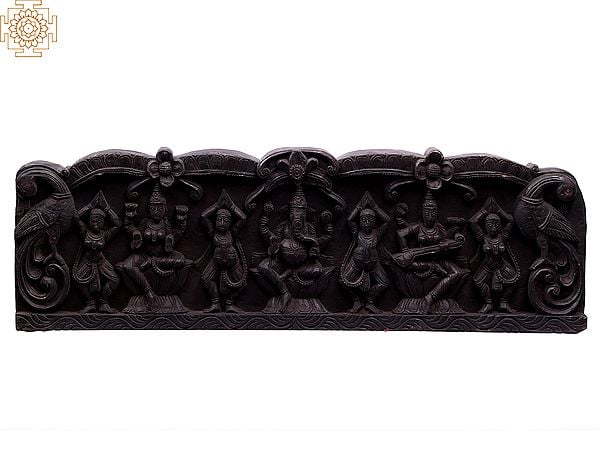 36" Large Wooden Devi Lakshmi, Lord Ganapati and Devi Saraswati Seated on Lotus Wall Panel