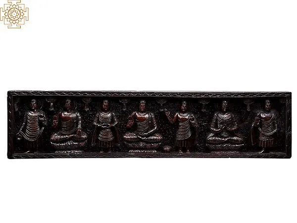 48" Large Wooden Gautam Buddha in Different Postures Wall Panel