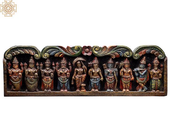 46" Large Wooden Colorful Dashavatara of Lord Vishnu Wall Panel