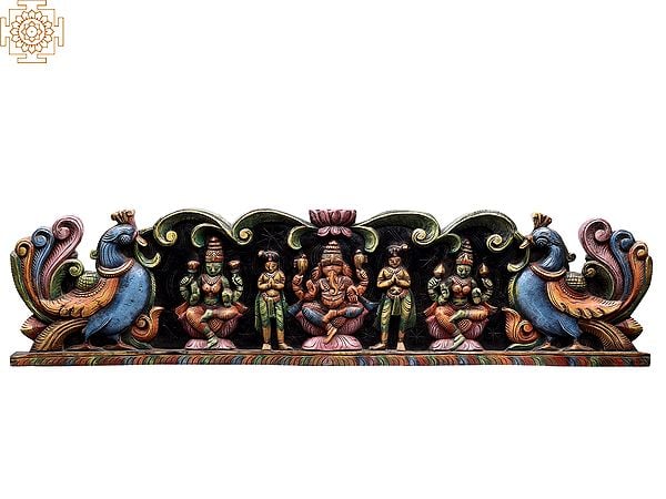 48" Large Wooden Lakshmi, Ganesha and Saraswati Seated on Lotus Wall Panel