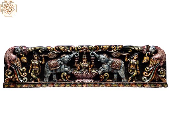 42" Gaja Lakshmi Seated on Lotus - Large Wooden Wall Panel