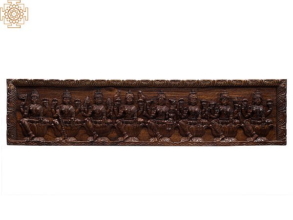 48" Large Wooden Ashta Lakshmi Seated on Lotus Wall Panel