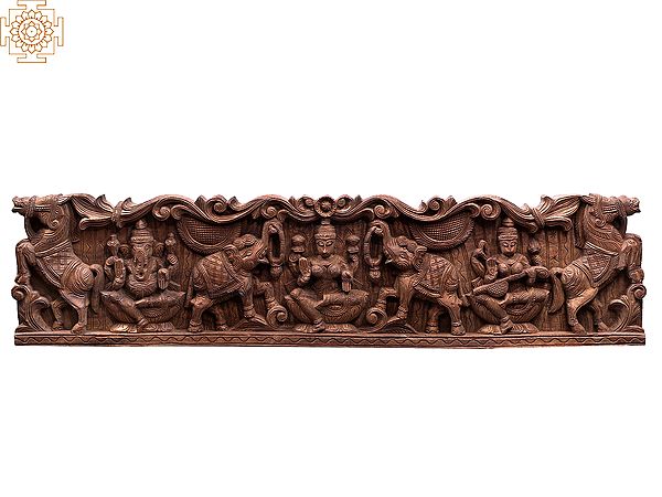 48" Large Wooden Ganesha, Gaja Lakshmi and Saraswati Wall Panel