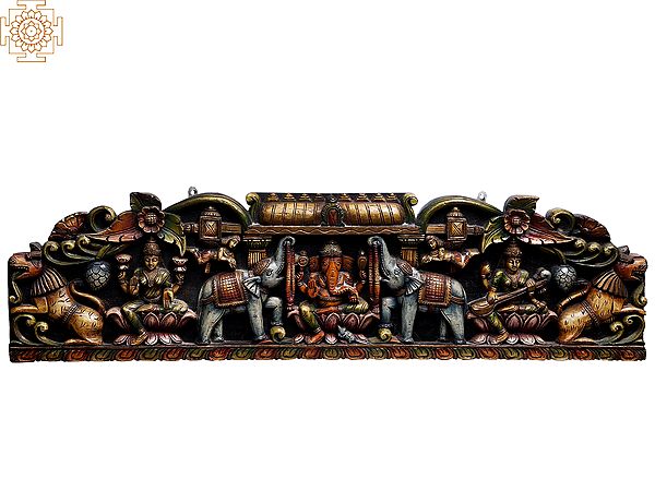 48" Large Wooden Wall Panel of Gaja Ganesha with Lakshmi and Saraswati