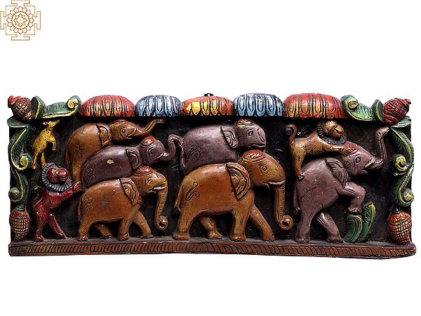 30" Wooden Lions Attacking Elephants Wall Panel