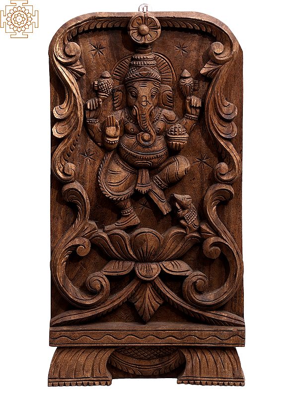 24" Wooden Dancing Lord Ganesha on Lotus Wall Panel