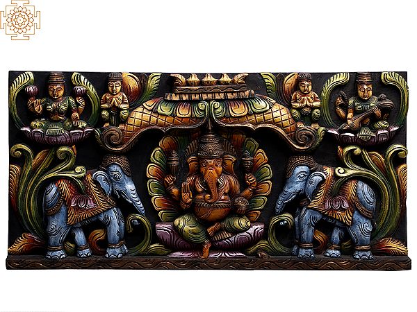 29" Wooden Colofrul Gaja Ganesha with Devi Lakshmi and Devi Saraswati Wall Panel