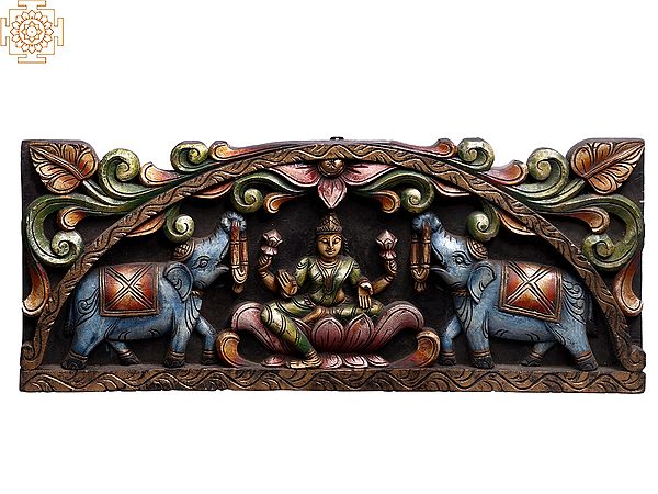 30" Colorful Wooden Wall Panel of Gaja Lakshmi Seated on Lotus