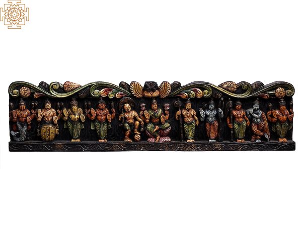 41" Large Wooden Goddess Lakshmi with Lord Vishnu's Dashavatara Wall Panel