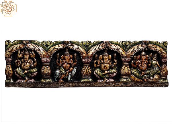 40" Large Wooden Lord Ganesha with His Different Forms Wall Panel
