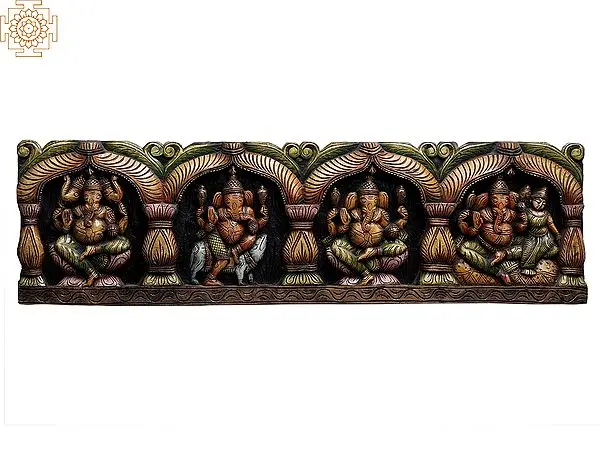 Lord Ganesha Multiple Forms Wood Carving Wall Panel - 40 Inch