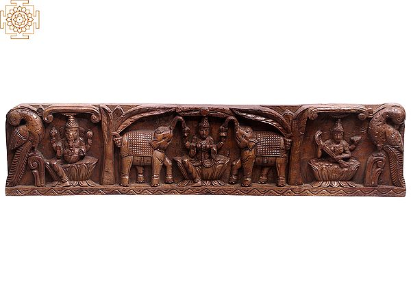 36" Large Wooden Gaja Lakshmi with Lord Ganapati and Devi Saraswati Wall Panel