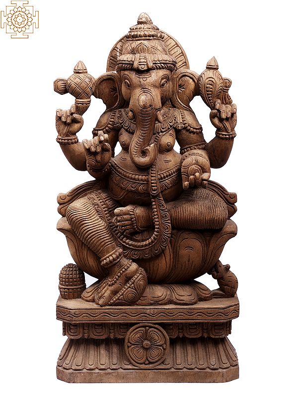 24" Wooden Sitting Chaturbhuja Lord Ganapati Sculpture