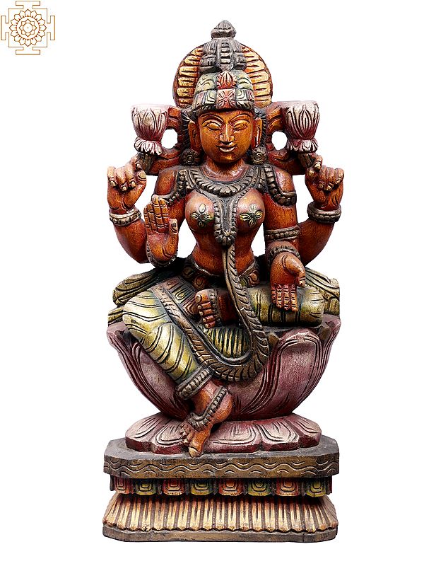 24" Wooden Goddess Lakshmi Statue Seated on Lotus
