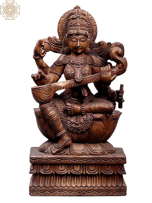 24" Wooden Goddess Saraswati Setaed on Lotus with Veena