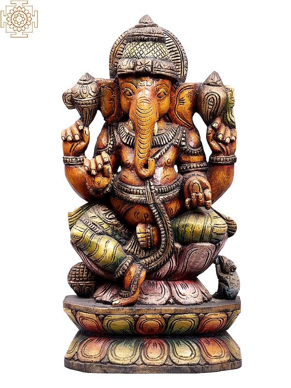 24" Wooden Lord Gajanana Statue Seated on Lotus