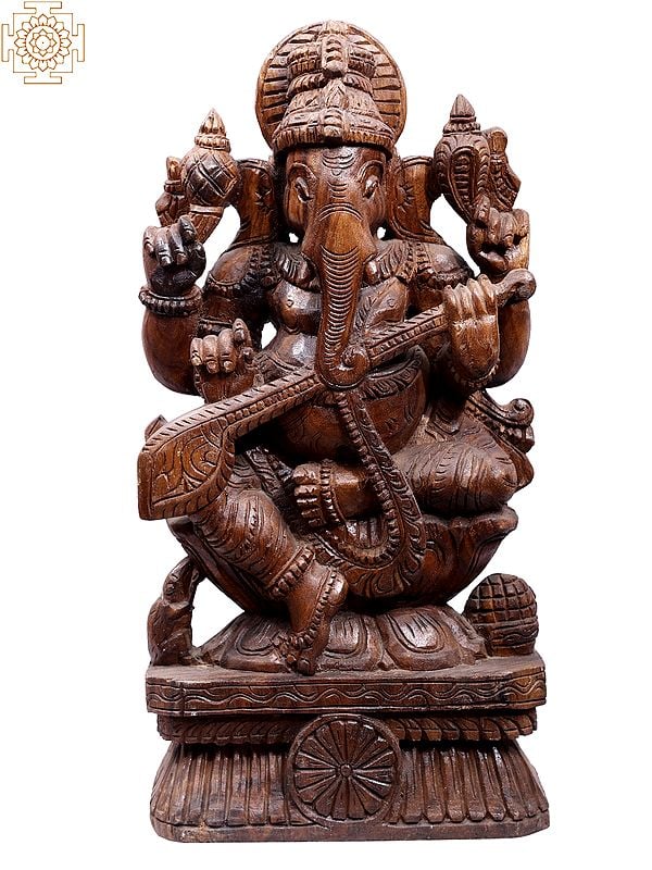 24" Wooden Lord Ganesha Playing Veena