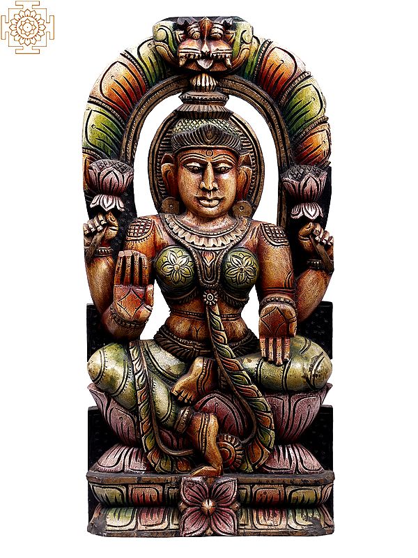 24" Wooden Sitting Goddess Lakshmi Statue with Kirtimukha