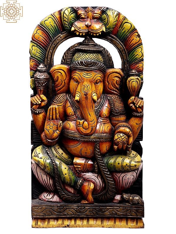 24" Wooden Sitting Lord Ganesha Idol with Kirtimukha