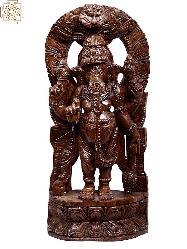 24" Wooden Standing Chaturbhuja Lord Ganapati Idol with Kirtimukha