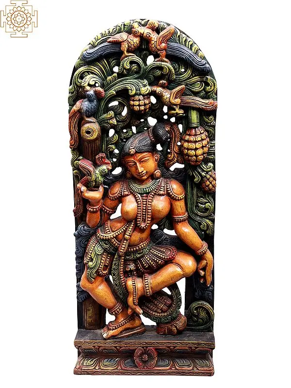 36" Large Wooden Dancing Apsara with Parrot