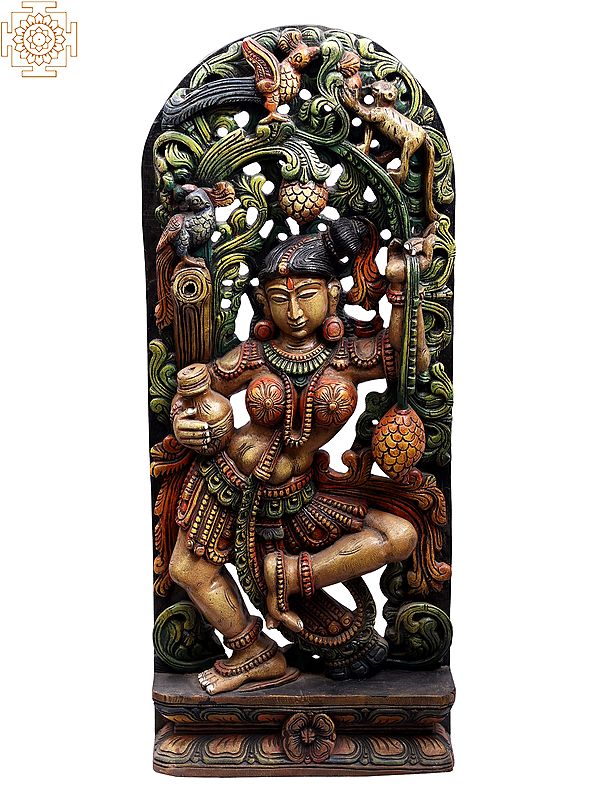 36" Large Wooden Dancing Apsara Carrying a Pot