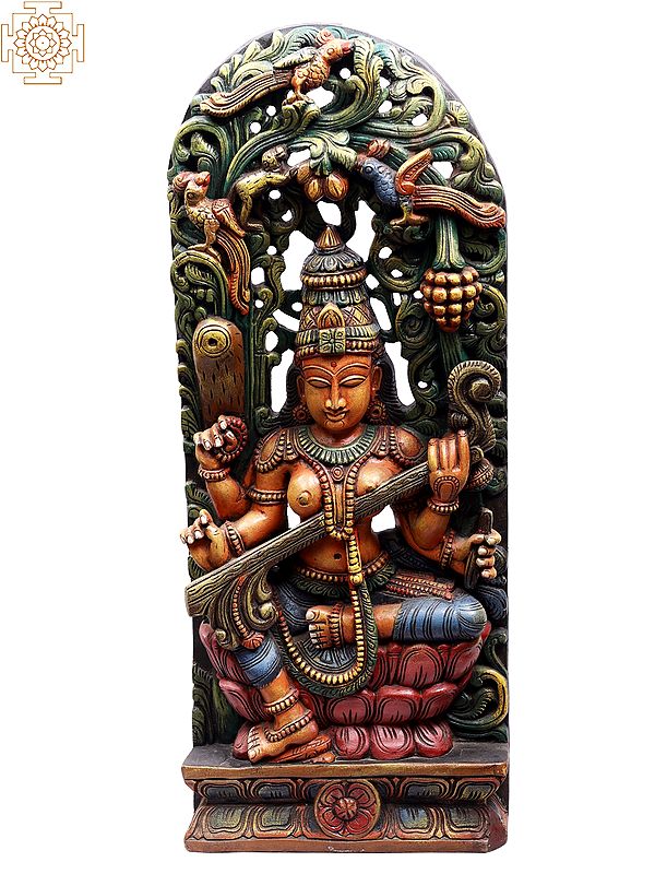36" Large Wooden Devi Saraswati Idol Seated on Lotus