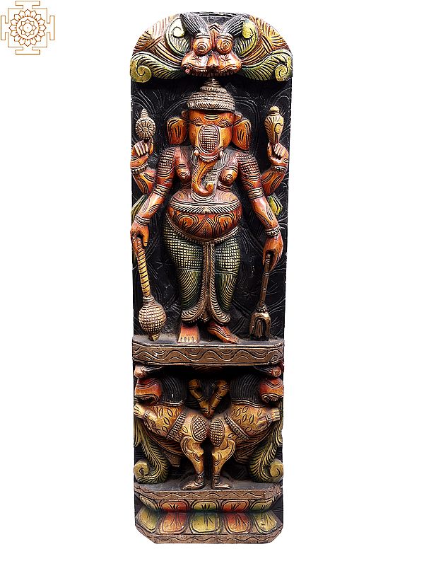 36" Large Wooden Standing Four Hands Lord Ganesha Idol with Kirtimukha Wall Panel