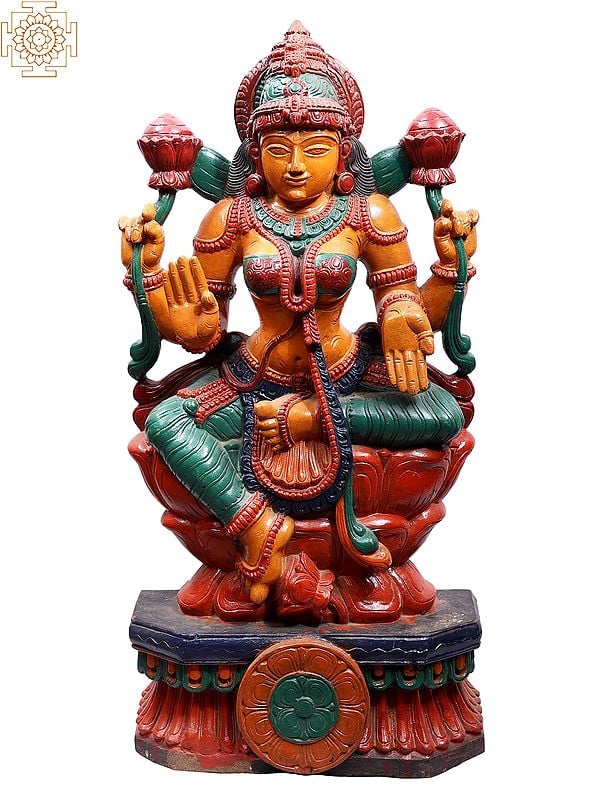 36" Large Wooden Colorful Goddess Lakshmi Seated on Lotus