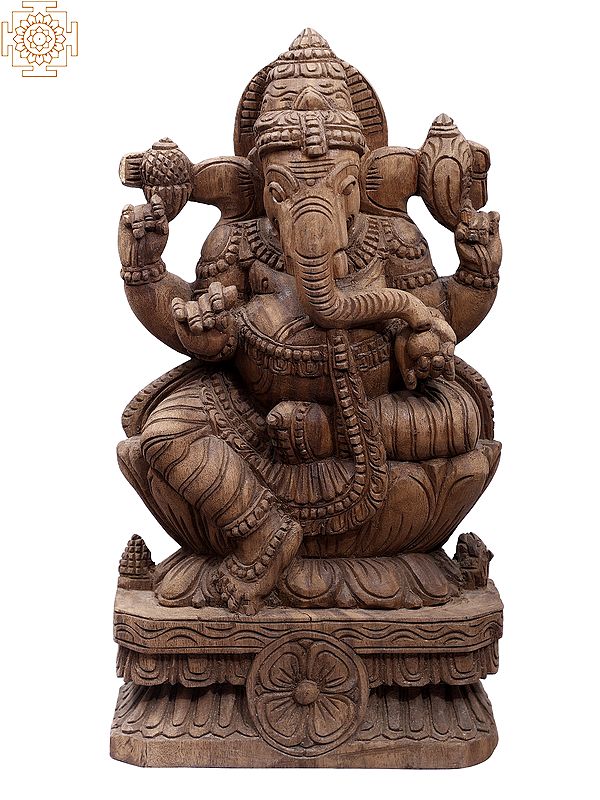 18" Wooden Four Hands Lord Ganapati Seated on Lotus