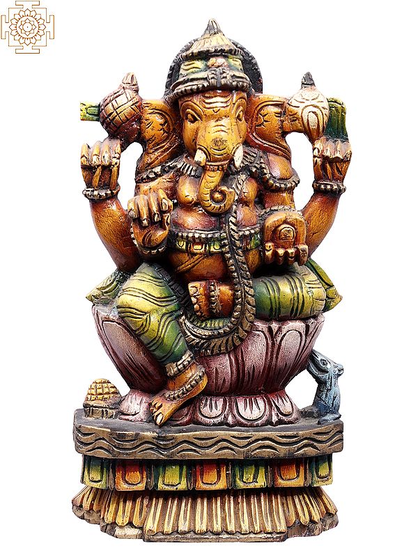18" Wooden Colorful Lord Ganesha Idol Seated on Lotus