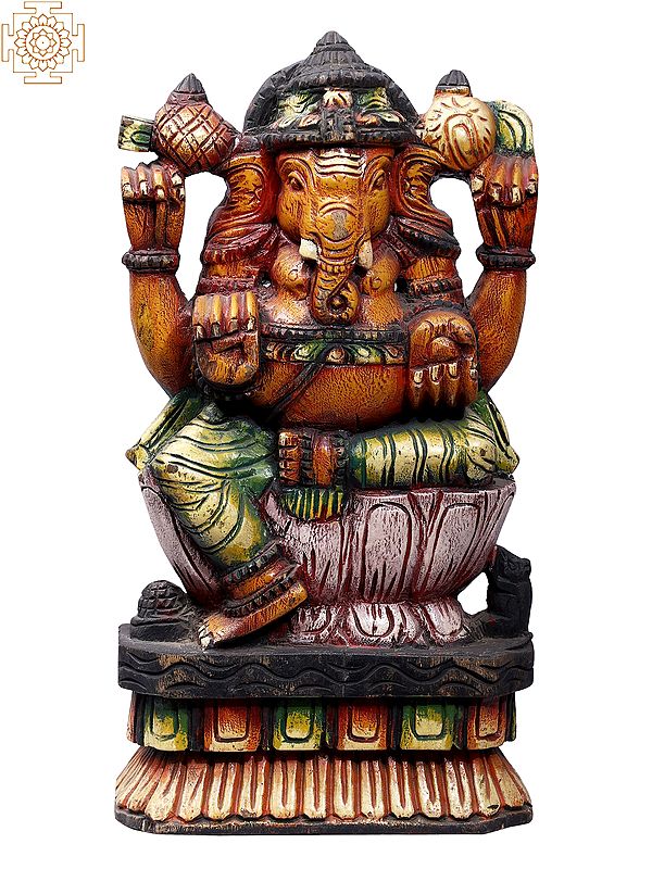 17" Wooden Chaturbhuja Lord Ganapati Idol Seated on Lotus | Wall Hanging Statue