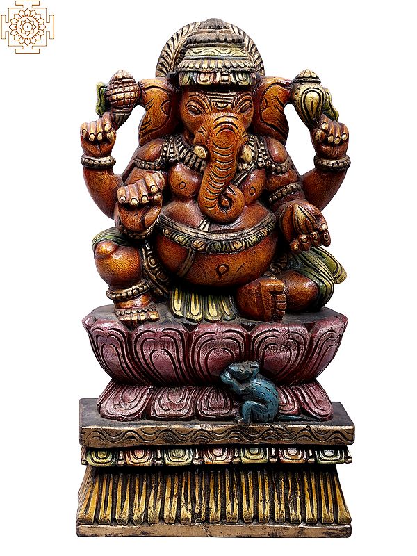 18" Wooden Four Hands Lord Ganesha Idol Seated on Lotus