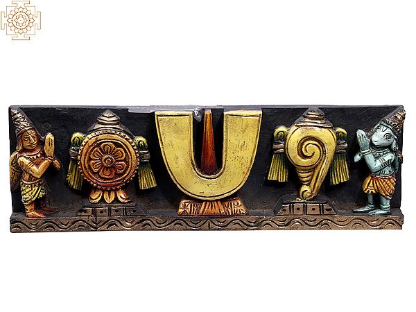 18" Wooden Vaishnava Symbols (Chakra, Tilak & Conch) with Hanuman and Garuda Panel
