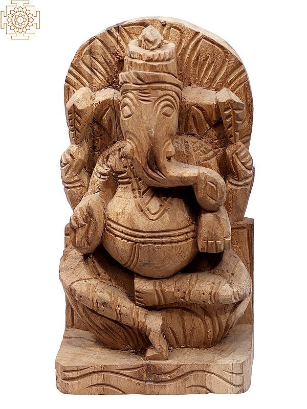 7" Wooden Four Hands Sitting Lord Gajanana Statue
