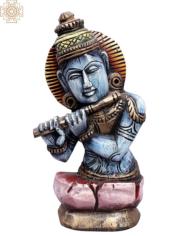 10" Wooden Lord Krishna Bust Playing Flute