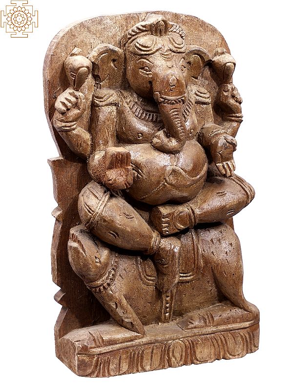 10" Wooden Lord Ganesha Seated on Rat