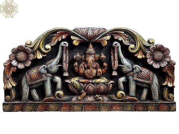 24" Wooden Gaja Ganesha Seated on Lotus Panel