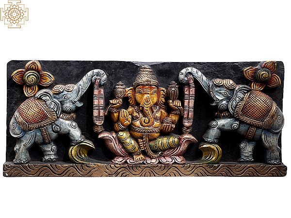 24" Wooden Colorful Gaja Ganesha Wall Panel