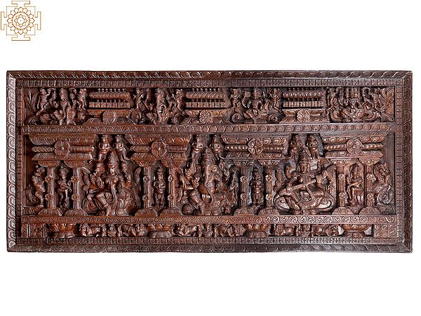 84" Large Wooden Lakshmi, Ganesha and Saraswati Wall Panel